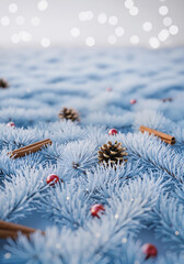 Frosted Blue Christmas Pine With Cinnamon Sticks and Pine Cones