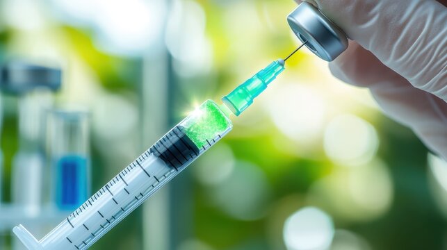 Hand filling a syringe with green liquid medication