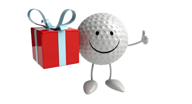 Golf ball character holding a wrapped gift box on transparent background