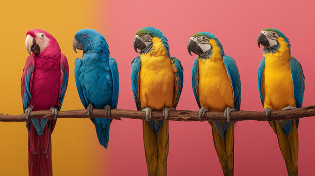 National Bird Day Concept with Exotic Parrots on Branch