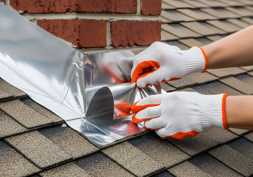 A skilled worker wearing protective gloves meticulously installs aluminum flashing around a brick chimney on a residential shingle roof, ensuring proper waterproofing and protection against leaks