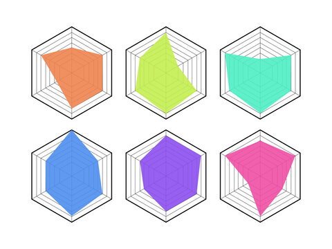 シンプルなレーダーチャートアイコンセット | 6色展開のインフォグラフィック