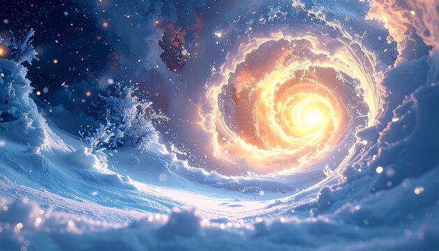 Surreal vista of a swirling cosmic portal above a snowy landscape
