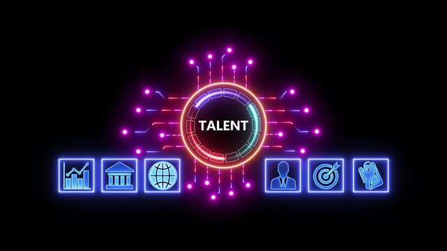 Concept for business TALENT, management and procedures.Neon Circuit board line connecting with Artificial Intelligence technology concept.business and industrial technology concept. 4k video
