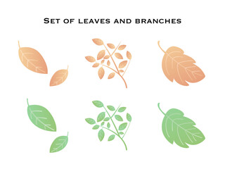 シンプルな葉っぱと枝のイラストセット | オレンジ・緑の季節のグラデーション