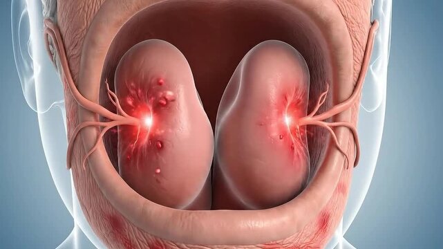 Medical Illustration Of Human Kidneys Showing Illuminated Infection And Damage, Anatomical Diagram Concept, Scientific Visualization