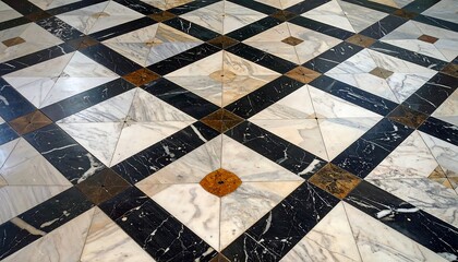 Close-up of a decorative marble floor with geometric pattern and texture