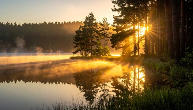 Sun rays stream through forest trees, illuminating a misty lake at dawn