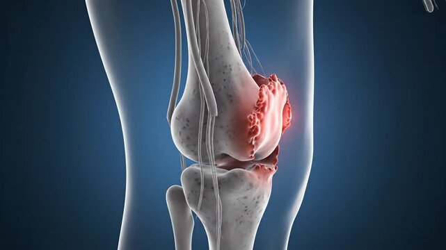 Medical Illustration Of Knee Osteoarthritis Showing Bone Erosion And Inflammation In Transparent Human Body