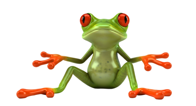 A cartoon frog sitting with red eyes and orange feet on transparent background