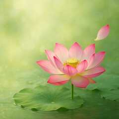 AI generated gentle pink lotus blooming on calm water with soft green light atmosphere conveying peace healing nature and inner soothing calmness