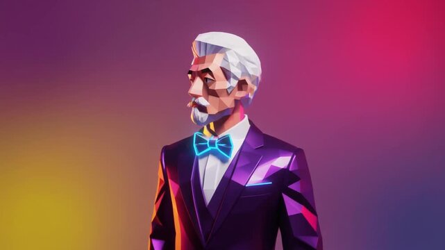 Stylish low poly man as a metaverse avatar, futuristic 3D portrait with neon bow tie.