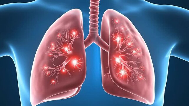 Medical Illustration Of Lungs With Red Illumination Highlighting The Respiratory System Against Blue Background
