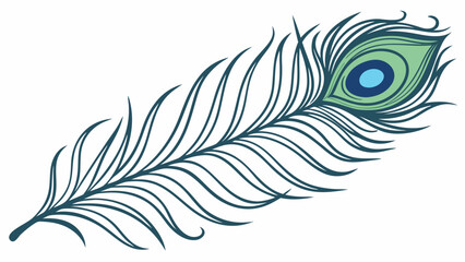 Detailed illustration of a peacock feather with eye spot in shades of blue and green color palette on transparent background silhouette