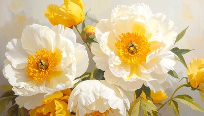 Beautiful painting of white and yellow peonies in full bloom closeup view