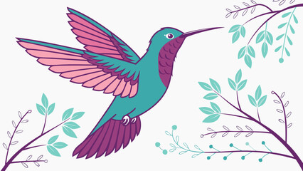 Illustration of a hummingbird with pink and teal feathers flying near leafy branches on transparent background silhouette