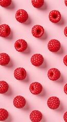 ピンクの背景に並ぶラズベリー