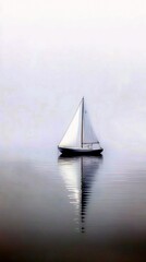 Fototapeta premium A single sailboat with white sails is on a tranquil body of water, its reflection creating a symmetrical image.