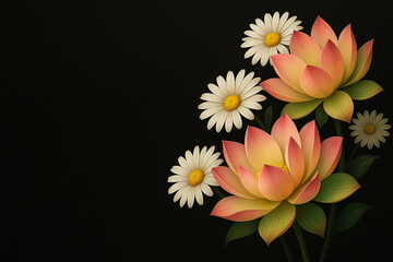 AI generated soft pink green lotus flowers with white yellow daisies on a clean black background creating a calm elegant and decorative botanical mood suitable for design use