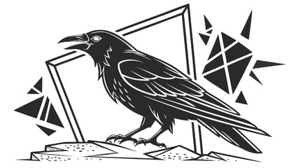 Illustration of a raven perched on rocks with geometric shapes in the background in black and white art on transparent background silhouette