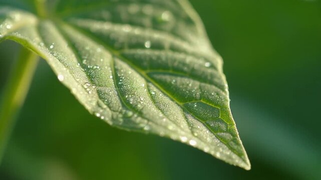 The Waxy Leaf Texture. A single mature green bean leaf from a grown sprout. The soft morning sunlight is highlighting the detailed vein structure and the slightly waxy healthy texture of the leaf.
