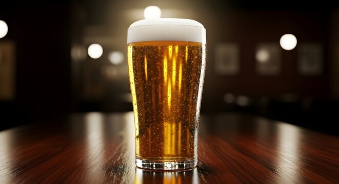 A pint of amber beer glows with rising bubbles and a creamy head—resting on polished wood, surrounded by soft lights and pub ambiance, it’s a perfect toast to comfort and craft.