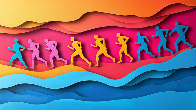 Vibrant Marathon A Dynamic Display of Runners in a Colorful, Layered Paper-Cut Style