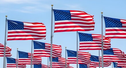 Multiple U.S. flags ripple against a clear blue sky—each one echoing the spirit of patriotism, civic pride, and collective strength in a striking ceremonial display.