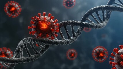 Coronavirus viral particles interacting with a large microscopic DNA double helix structure - Powered by Adobe