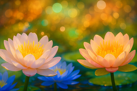 AI generated soft glowing water lilies blooming with warm golden bokeh and gentle pastel colors creating a bright uplifting dreamy atmosphere full of joy and hope