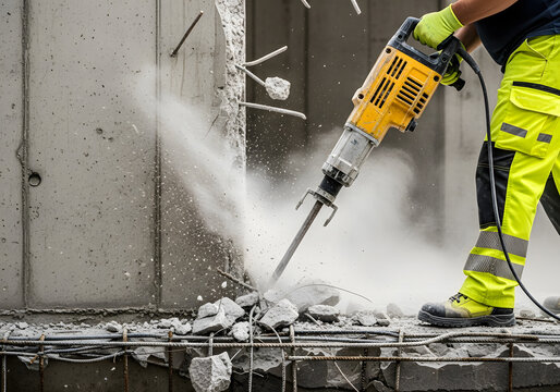 A construction worker uses a jackhammer to break up concrete, wearing safety gear and working on a demolition project with dust and debris flying around him