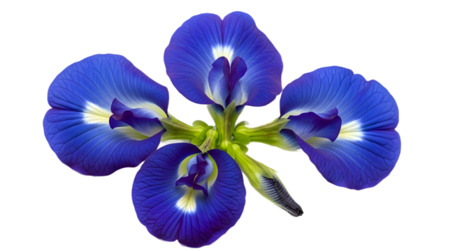 Close up of a vibrant blue butterfly pea flower bloom on transparent background - Powered by Adobe