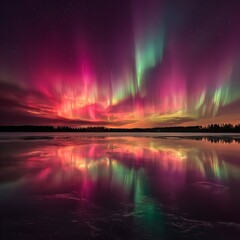 Vibrant aurora borealis lights up the night sky with stunning pink and green hues, reflected in the calm water below