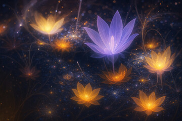 AI generated glowing ethereal lotus flowers floating in a soft cosmic dreamlike scene creating a peaceful warm and spiritual atmosphere.