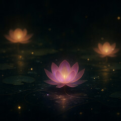 AI generated glowing lotus floating on dark water with gentle warm light creating a serene mystical and peaceful atmosphere.