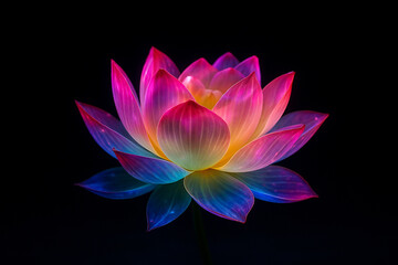 AI generated vibrant glowing lotus flower with luminous translucent petals in neon colors on a dark background creating a sense of serenity energy and spiritual awakening