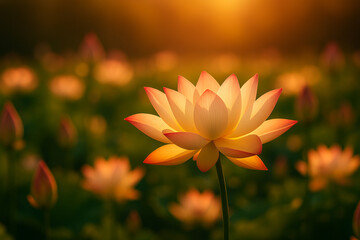 AI generated gentle pink lotus blooming in warm golden sunlight surrounded by a soft calm natural atmosphere expressing peaceful beauty serenity and the tenderness of a new beginning
