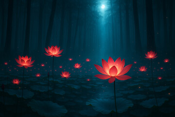AI generated scene of radiant pink lotus flowers glowing in a mystical forest with soft moonlight and floating firefly lights creating a dreamlike peaceful and spiritual atmosphere