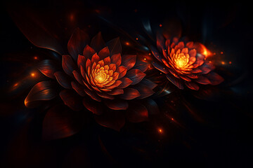 AI generated surreal glowing lotus flowers with metallic layered petals and warm fiery light surrounded by flowing particles creating a deep mystical abstract atmosphere