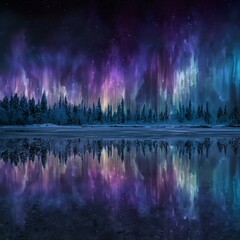 Aurora borealis illuminates the night sky with vibrant purple and blue hues, reflecting on a calm, frozen lake surrounded by a dense forest of evergreen trees under a starry expanse