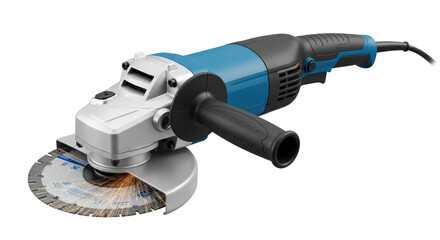 Blue And Silver Angle Grinder With Abrasive Cutting Wheel And Sparks isolated on Transparent Background
