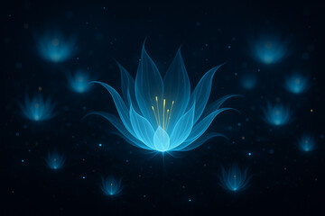 AI generated glowing bioluminescent blue flower floating in deep space with soft golden core expressing serenity wonder and gentle fantasy energy