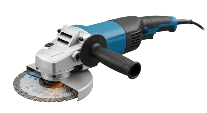 Blue And Silver Angle Grinder With Abrasive Cutting Wheel And Sparks isolated on Transparent Background