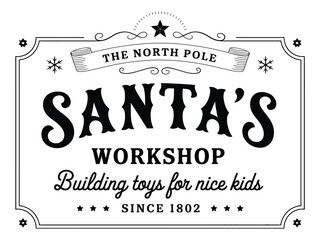 Santa’s Workshop direction sign on clean white background, wooden board with red green holiday colors, Christmas  element for festive advertising, cards, invitations, and seasonal designs