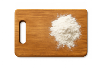 Pile of white powder on a wooden cutting board, implying cooking, baking, or illegal substances on transparent background