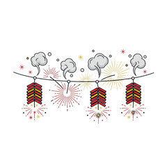 Festive fireworks display with illuminated lanterns and stylized clouds isolated on transparent background