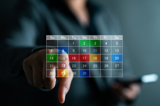 Hand pointing at virtual date interface, online time tracking, planning strategy, calendar meeting system, event reminder and appointment management in digital workflow and corporate scheduling. - Powered by Adobe