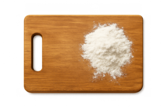 Pile of white powder on a wooden cutting board, implying cooking, baking, or illegal substances on transparent background