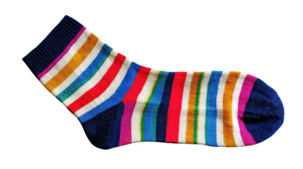 Single colorful striped sock laid flat isolated on a Transparent background, PNG file.