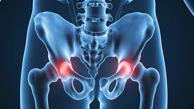 Medical Visualization Of Human Pelvic Bone Structure Highlighting Pain Areas With Red Glows Against A Blue Tone Background